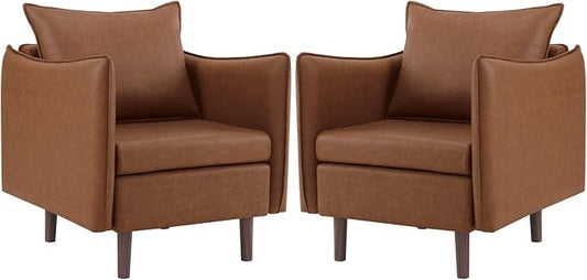 MOJAY PU Leather Accent Chairs Set of 2 Mid-Century Modern Armchair Club Lounge Chair with Removable Pillow &amp Sturdy Legs for Living Room Bedroom Reception Office (Brown)