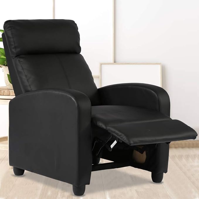 Dkeli Recliner Chair for Living Room Padded Wide Seat Sofa PU Leather Reclining Chair with Footrest &amp Backrest Wingback Heavy Duty Modern Single Sofa Home Theater Seating Easy Lounge Black