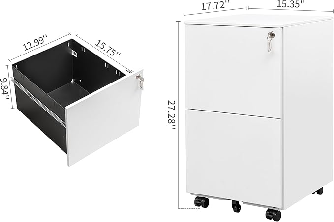 JULYFOX 2 Drawers Mobile File Cabinet W/Lock 27.2 inch White Steel Filing Cabinet on Casters with 2 Keys Fully Extension Drawers Letter Legal A4 Size 300 lb Heavy Duty-White
