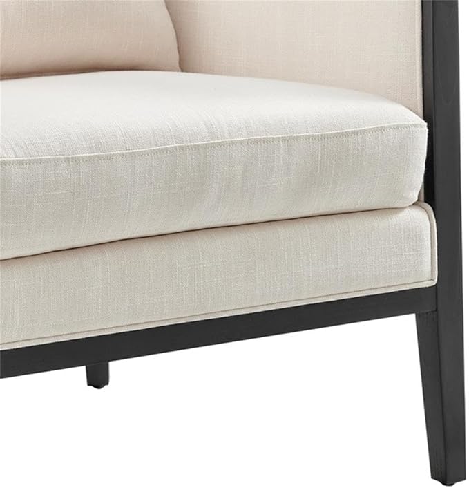 Pemberly Row Accent Arm Chair Rattan Frame with Black Legs Natural Linen Cushion Barrel-Back Design 300 lbs Weight Capacity 28 W x 30 D x 29.5 H Living Room Seating
