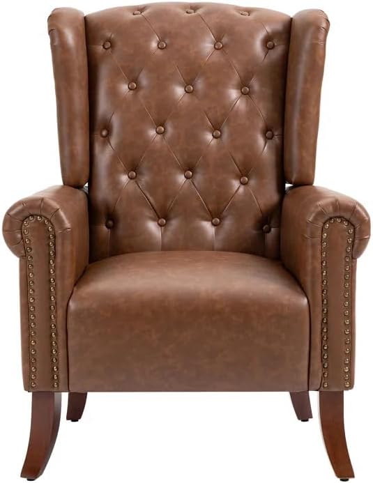 Faux Leather Accent Chair Mid-Century Armchair Upholstered Club Sofa Chair with Wooden Legs High Back Living Room Chair for Bedroom Office Lounge (Brown)