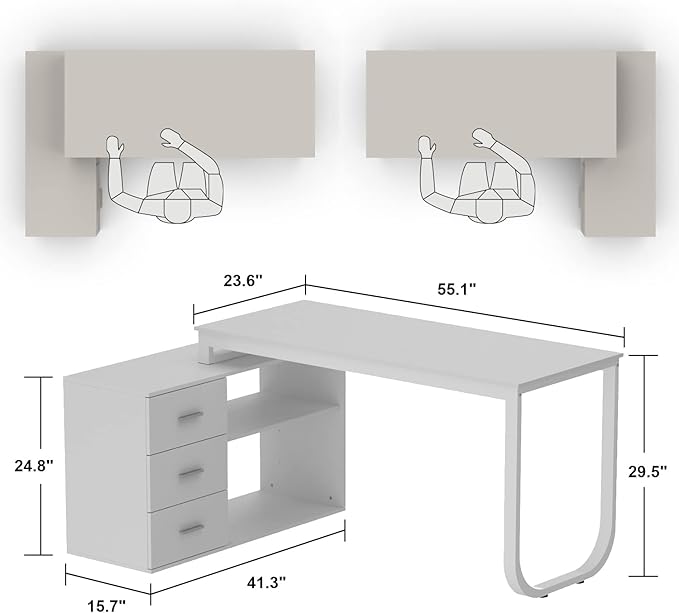 FUFU&ampGAGA 55.1 Large L-Shaped Office Desk with 39 File Cabinet Corner Computer Desk with 3 Drawers &amp 2 Shelves Workstation Executive Desk with Storage Shelf for Home Office (White)
