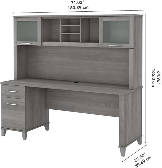 Pemberly Row 72W Office Desk with Drawers and Hutch Engineered Wood Gray Finish Frosted Glass Doors Spacious Work Surface Wire Management Home Office Furniture with Storage