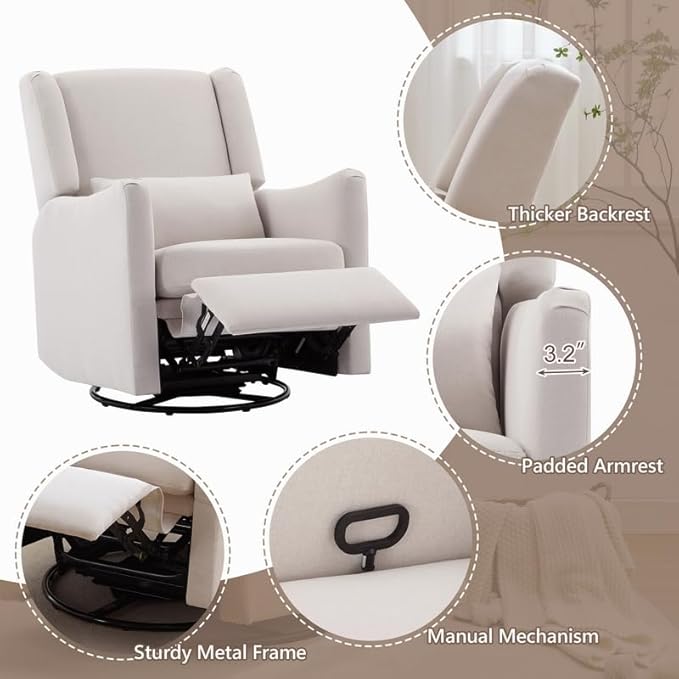 Polibi 29.5'' Wide Wingback Swivel Rocker Recliner Chair Rocking Chair with Head &amp Lumbar Support Modern Accent Chair for Living Room Beige + Linen