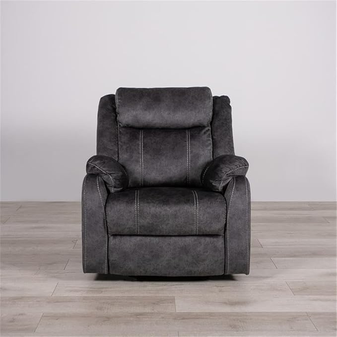 Pemberly Row Contemporary Glider Recliner Gray Soft Microfiber Fabric Manual Recline Plush Pillow Arms and Padded Footrest Suede-Like Material Contrast Stitching Comfortable Living Room Chair