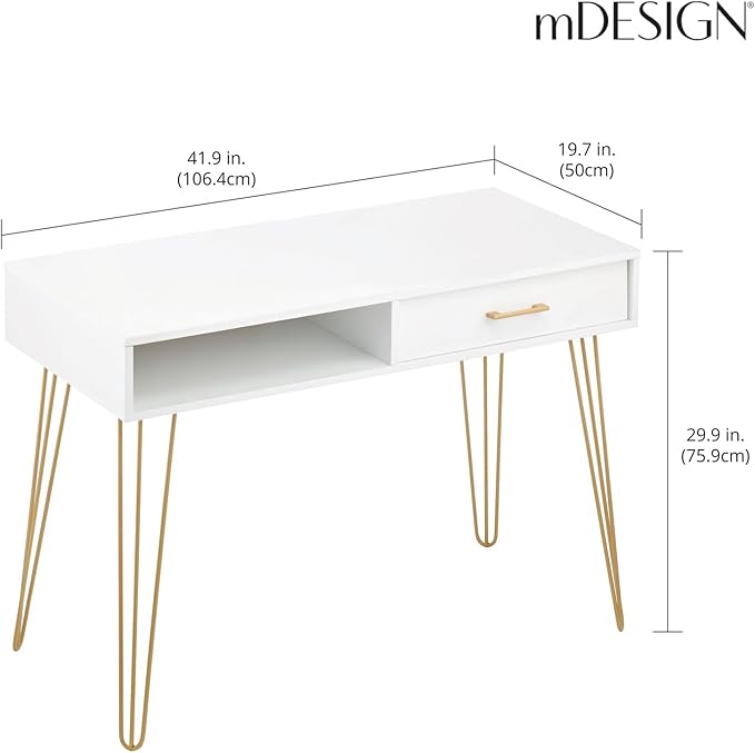mDesign Metal/Wood Modern Minimalist Computer Desk - Computer Table with Drawer with Storage Cubby and Hairpin Legs - Small Work Desk for Home Office Study - White/Soft Brass