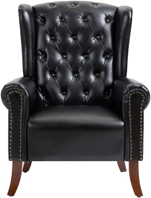 Faux Leather Accent Chair Mid-Century High Back Armchair Upholstered Club Sofa Chair with Wooden Legs Living Room Chair for Bedroom Office Lounge (Black)
