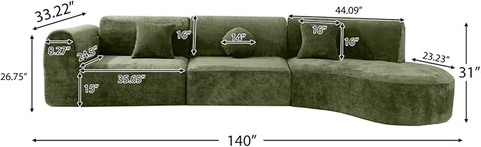 140 Modern Curved Sectional Sofa with High-Density Fully Compressed Sponge and Chaise Lounge 3-Piece Set Fully Assembled Right Hand Facing Perfect for Living Room Lounge (Green)