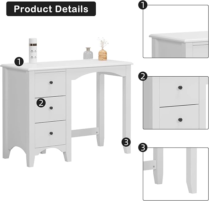 SDHYL 37.4 inches Vanity Table Small Space Teens Study Student Desk Bedroom Home Office Desk with Three Drawers Writing PC Table White S7-CYS-ST005-US