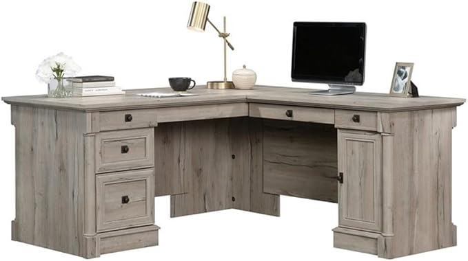 Pemberly Row 65 x 69 Contemporary Engineered Wood L-Shaped Desk with Storage Drawers Flip-Down Panel Grommet Holes for Home Office/Workspace in Split Oak Finish