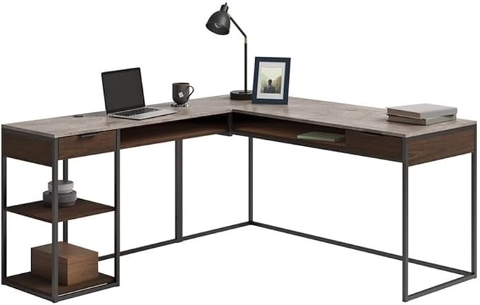 Pemberly Row L-Shaped Engineered Wood Desk Deco Stone Gray Finish 65.98 W x 60 D x 29.72 H Powder Coated Metal Frame Cord Management 2 Drawers Fixed Shelf Cubby Storage Home Office Desk