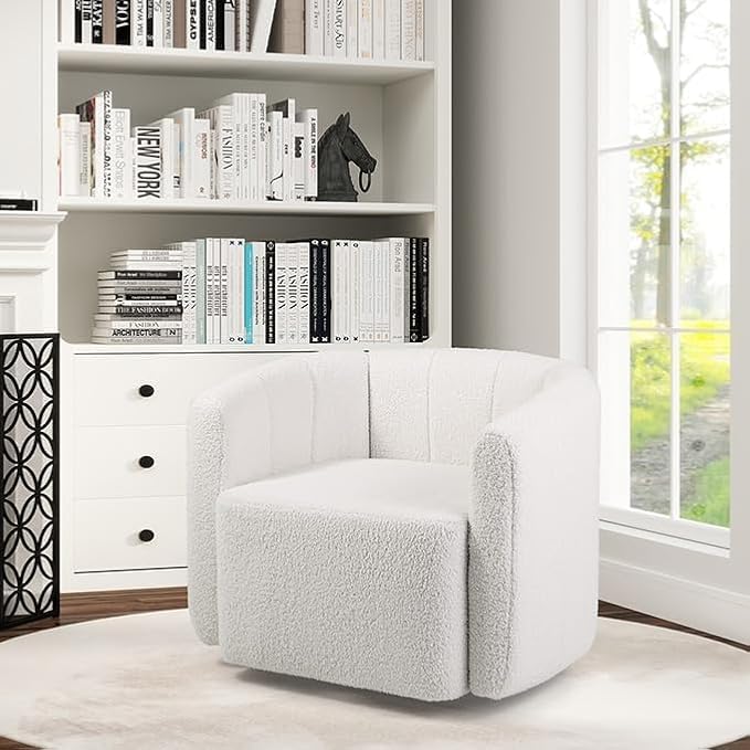 KOMFOTT Swivel Barrel Chair Sherpa Fabric Accent Chair with Curved Backrest &amp Armrests Upholstered Armchair with Wide Seat Pumpkin Shaped Single Sofa Chair for Living Room Bedroom White