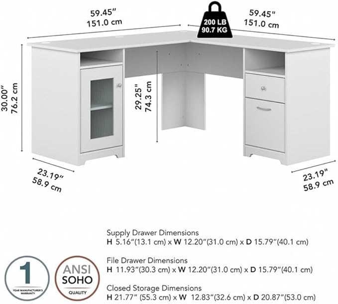 Pemberly Row 60 L Shaped Wood Computer Desk White Finish Transitional Style with Storage Cabinet Drawers Fluted Glass Door Wire Management Durable Home Office Desk for Multiple Monitors