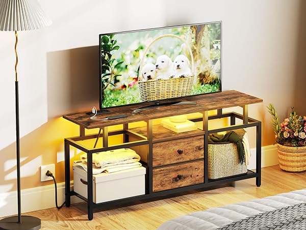 TV Stand with LED Light and Power Outlets Entertainment Center with Fabric Drawers and Open Shelves 41.7 TV Cabinet for TVs up to 45 Inch Media Console for Living Room Brown DS03UDBR
