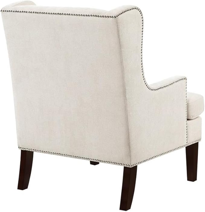 Pemberly Row Accent Chair Textured Beige Upholstery Wingback Design with Nailhead Trim Plush Cushioned Seat Wooden Legs 21 in Seat Width Modern Classic Style for Living Room Bedroom or Office