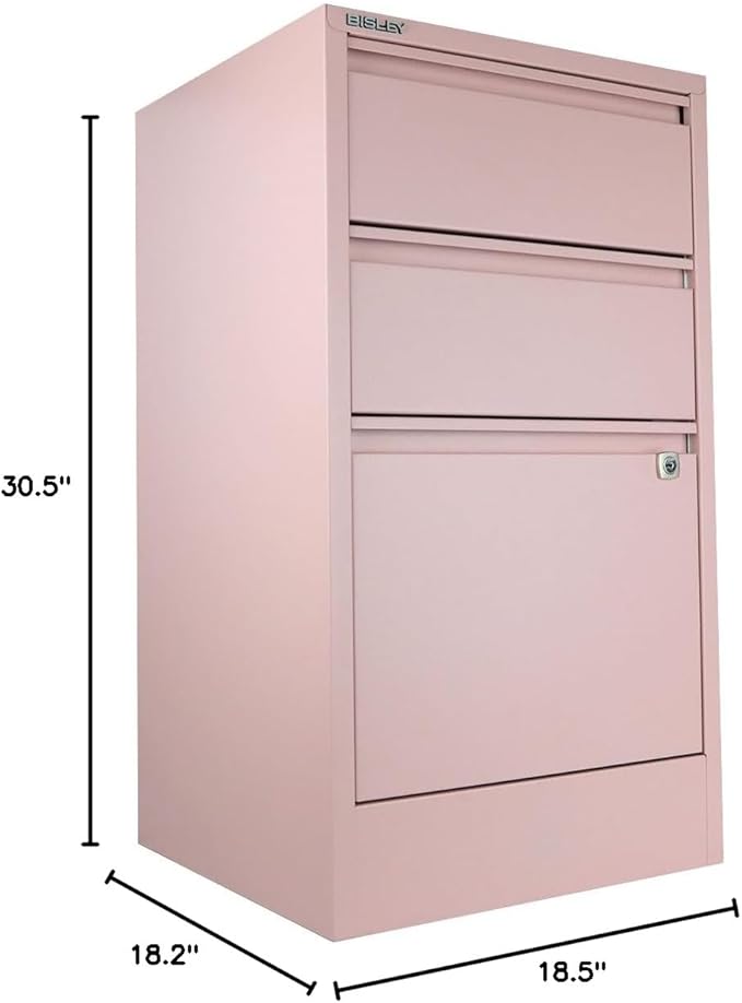 Bisley 3-Drawer Flush Front Vertical File Cabinet - Palest Pink 2 Utility Drawers + 1 Hanging File Drawer Powder-Coated Steel Locking Bottom Drawer
