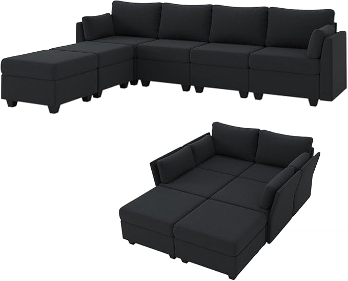 114.17 Modular Sectional Sofa 6 Seat Sectional Couches with Storage Memory Foam Convertible Modular Couch for Living Room U Shaped Comfy Modular Sofa with Chaise Black