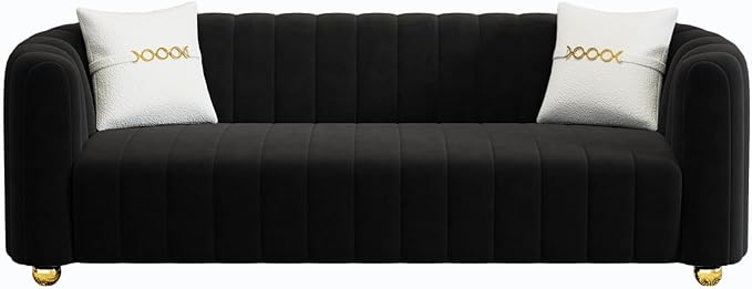 KEAI 83.46 Velvet Couch for Living Room Large Modern Sofa with Gold Metal Sphere Legs Office Upholstered Comfy 3 Seater Couches Cute Sherpa Bedroom Furniture (Black)