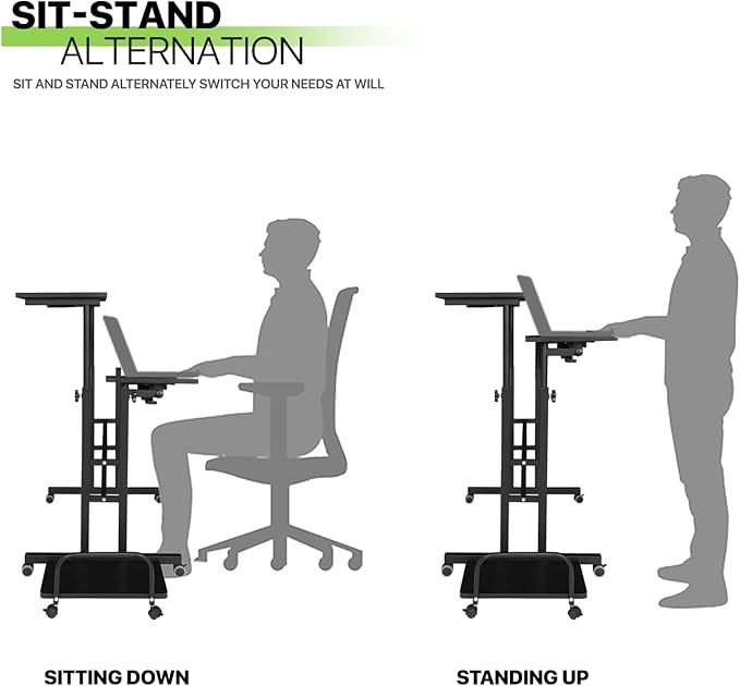 Magshion Standing Desk with Wheels Height Adjustment from 28 to 45 Sit to Stand Up Mobile Computer Desk Rolling Laptop Cart for Home Office Walking Pad Writing and Gaming Black