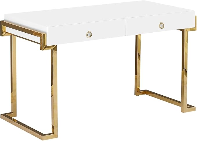 First of a Kind Juneau Modern Gloss Lacquer Computer Desk - Home Office Desk with Drawers - Writing Desk for Luxurious Touch - Versatile PC Desk White/Gold