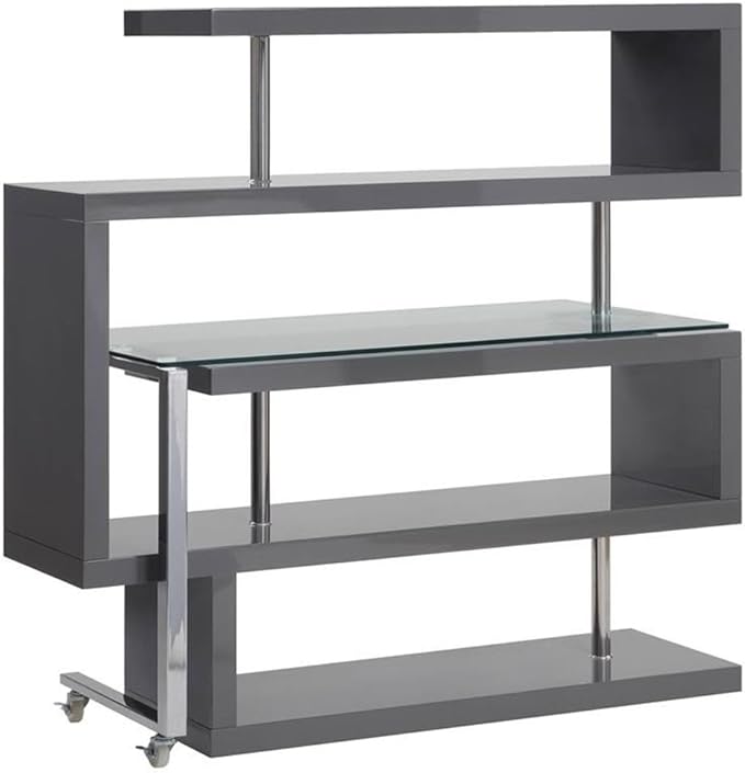 BOWERY HILL L-Shaped Glass Top Writing Desk Chrome and Gray High Gloss Finish Metal and MDF Construction 55 W x 24 D x 54 H 4 Shelves Swivel Function Modern Small Space Home Office Desk