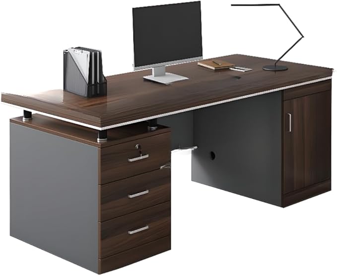 LITFAD Wood Office Computer Desk with Cabinet and Locking Drawer Cord Management Modern Executive Desk Simple Writing Desk for Home Office (Without Chairs) Brown 63 L x 24 W x 30 H