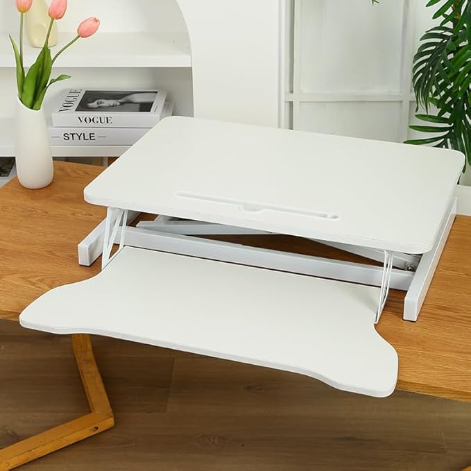 32 Inch Height Adjustable Sit to Stand Desk Converter Riser Workstation with Wide Keyboard Tray Computer Gaming Desks Home Office Corner Desks Bedroom Craft Study TableWhite