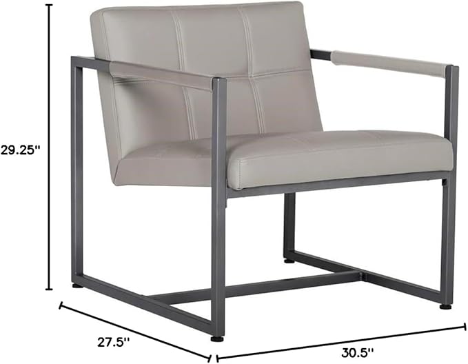 Pemberly Row Small Accent Chair Metal and Leather Pewter Finish Off White Mushroom Color 27.5 W x 30.5 D x 29.25 H Mid-Century Style Living Room or Office Seating Durable Powder-Coated Frame