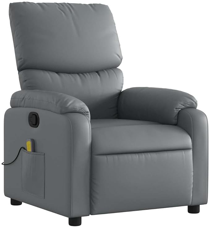 vidaXL Leather Massage Recliner Chair for Living Room Home Theater 6-Point Vibration Massage Adjustable Back &amp Footrest Side Pocket Gray