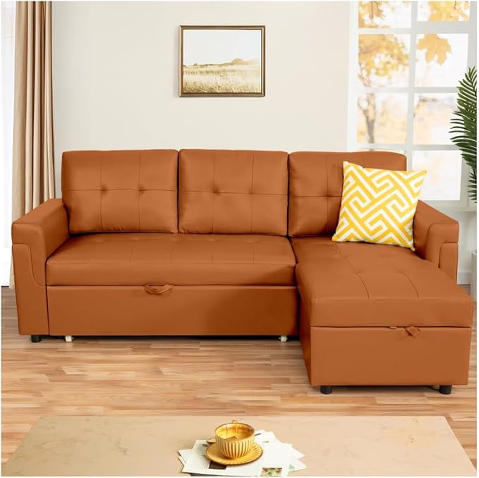 Naomi Home 85 in. Convertible Sofa with Storage Reversible L Shape Sofa Couch with Chaise Comfy Couches for Living Room Caramel/Air Leather