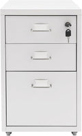 File Cabinet 3 Drawer Mobile Metal Storage Cabinets with Lock and Wheels Vertical Filing Cabinet Under Desk Document Classification Organizer for Office Home Study Dresser (White)
