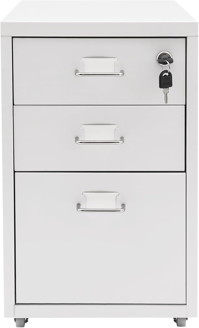 File Cabinet 3 Drawer Mobile Metal Storage Cabinets with Lock and Wheels Vertical Filing Cabinet Under Desk Document Classification Organizer for Office Home Study Dresser (White)