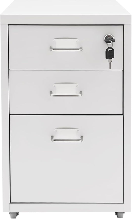 File Cabinet 3 Drawer Mobile Metal Storage Cabinets with Lock and Wheels Vertical Filing Cabinet Under Desk Document Classification Organizer for Office Home Study Dresser (White)
