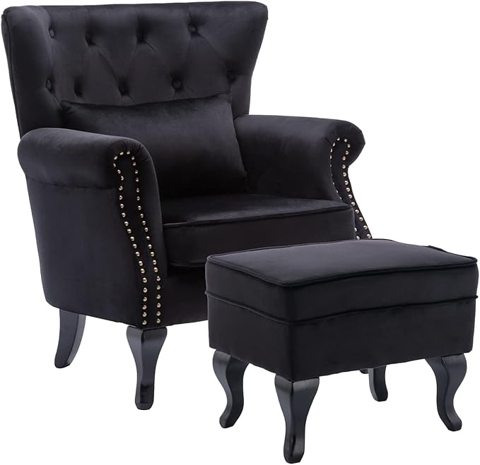 Kmax Velvet Club Chair Tufted Throne Mid Century Accent Wingback Chair with Ottoman Padded Seating Wood Legs Home Club Bedroom Living Room Black