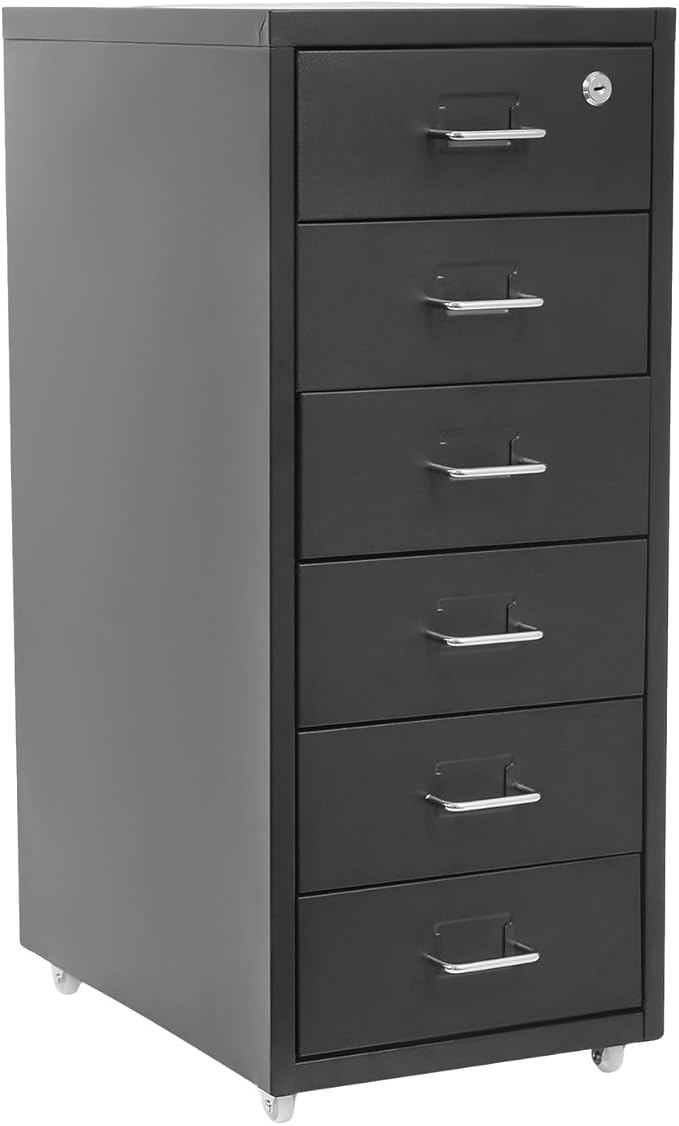 6 Drawer Mobile File CabinetVertical File Cabinet with Lock Metal Storage Cabinet for HomeOffice Horizontal Rolling Filing Cabinets for Letter/Legal/A4/F4 Hanging Files (Black)