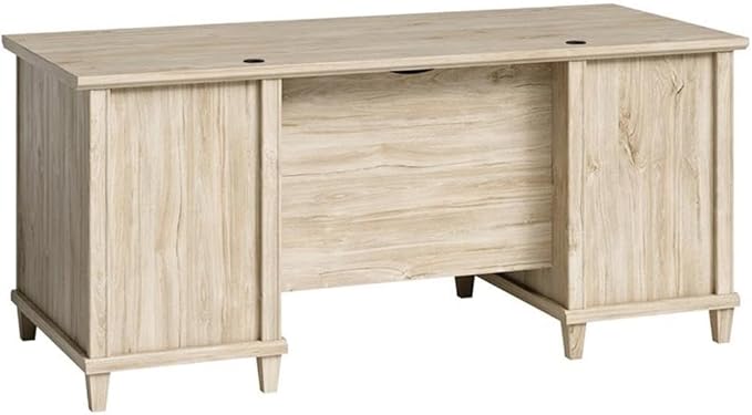 Pemberly Row Executive Desk Engineered Wood Chalk Oak Finish 1 Thick Top Double Pedestal with Storage Drawers Solid Wood Feet Home Office Desk with Grommet Holes for Organized Workspace