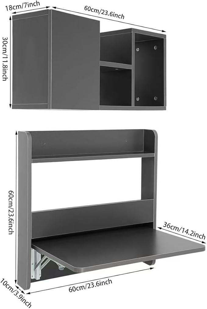 Floating Desk 36’’H Wall Mounted Desk Solid Wood Fold Down Laptop Desk with Foldable Tabletop Folding Table Workstation with Storage Shelves&ampDoor(Grey)