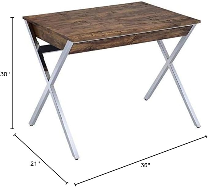 UrbanPro Transitional Home Office Desk 36 in W x 21 in D x 30 in H Weathered Oak Veneer and Chrome Finish Rectangular Writing Desk with 2 Drawers Modern Style for Home Office or Study Room Use