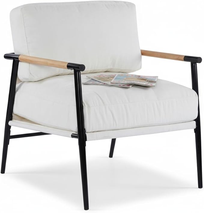 Modern Minimalist Accent Chair Soft Polyester Fabric with Metal Frame and Wood Armrests Living Room Bedroom Office Seating (Beige)