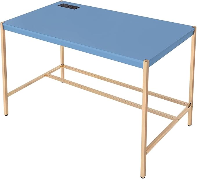 Modern Rectangular Writing Computer Desk w/USB Ports Gold Open Metal Base &amp High Gloss Wooden Top – Compact Home Office Workstation with Charging Convenience (Navy Blue)