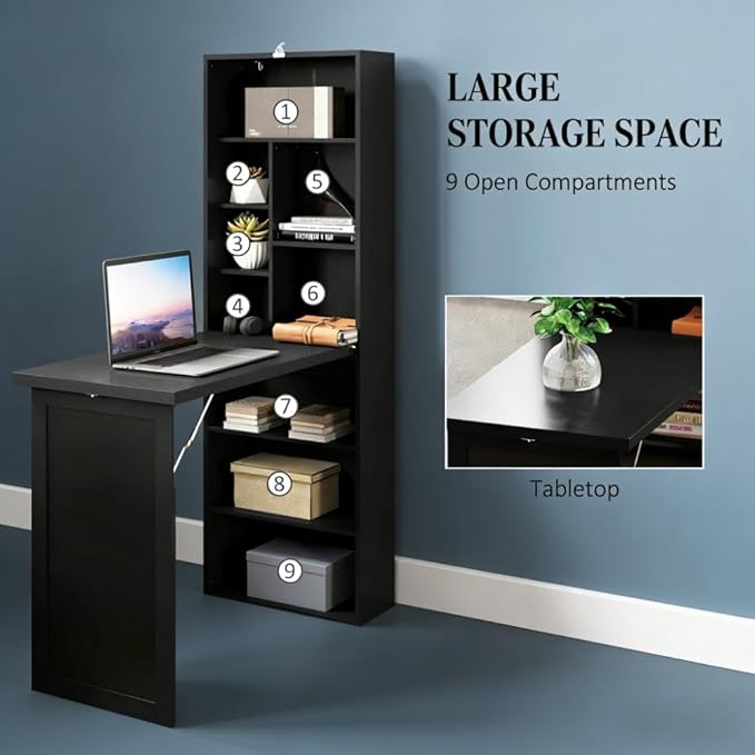 Folding Wall Mounted Desk with Storage Expandable Hidden Computer Desk Foldable Space-Saving Pull Out Murphy Table Writing Table with Blackboard for Home Office Bedroom Small Spaces (Black)