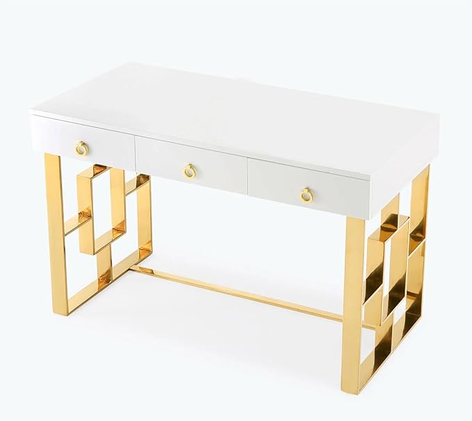 First of a Kind Brooke Mid Century Modern Gloss Lacquer Computer Desk - Home Office Desk with Drawers - Writing Desk for Luxurious Touch - Versatile PC Desk White/Gold