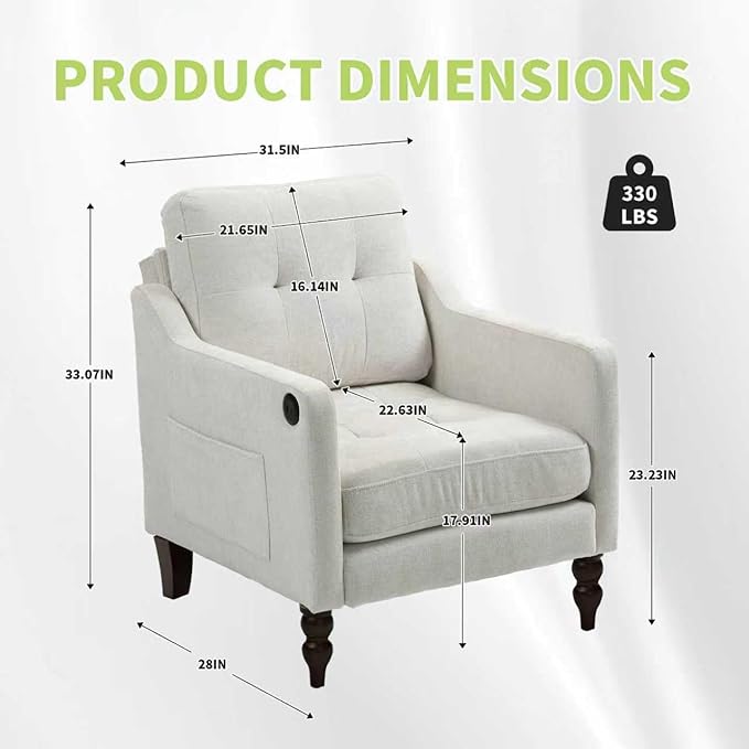 Accent Chair for Living Room Mid-Century Armchairs for Small Spaces Chenille Upholstered Comfy Reading Armchair with Studded for Bedroom (Beige-B)