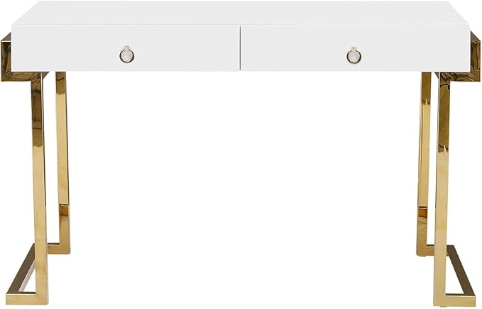 First of a Kind Juneau Modern Gloss Lacquer Computer Desk - Home Office Desk with Drawers - Writing Desk for Luxurious Touch - Versatile PC Desk White/Gold