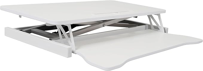 32 Inch Stand Up Laptop Desk Converter Heavy Duty Height Adjustable Standing Computer Workstation Riser with Removable Keyboard Tray for Home Office Workshop Spacious Platform for Monitor White