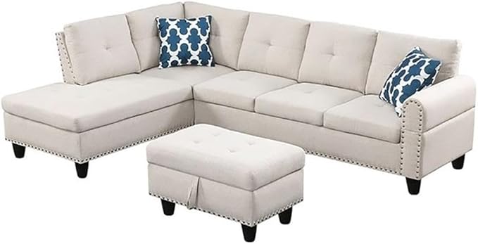 Devion Furniture Polyester Fabric Sectional Sofa with Lift-top Storage Ottoman Tufted Design in Beige Finish