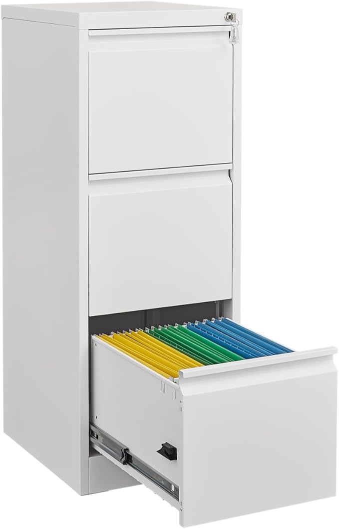 Metal Vertical File Cabinet with 3 Drawers Office Filing Cabinet with Lock for Home Office Heavy Duty Office Storage Cabinet for Legal/Letter/A4/F4 Size (Require Assembly) (White)