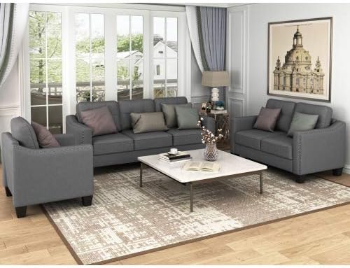 Eafurn 3-Piece Mid-Century Linen Upholstered Living Room Furniture Sets Include 3 Seater Sofa Loveseat Couches and Armchair with Tufted Back Cushions and Nailhead Trim for Living Room/Bedroom/Home