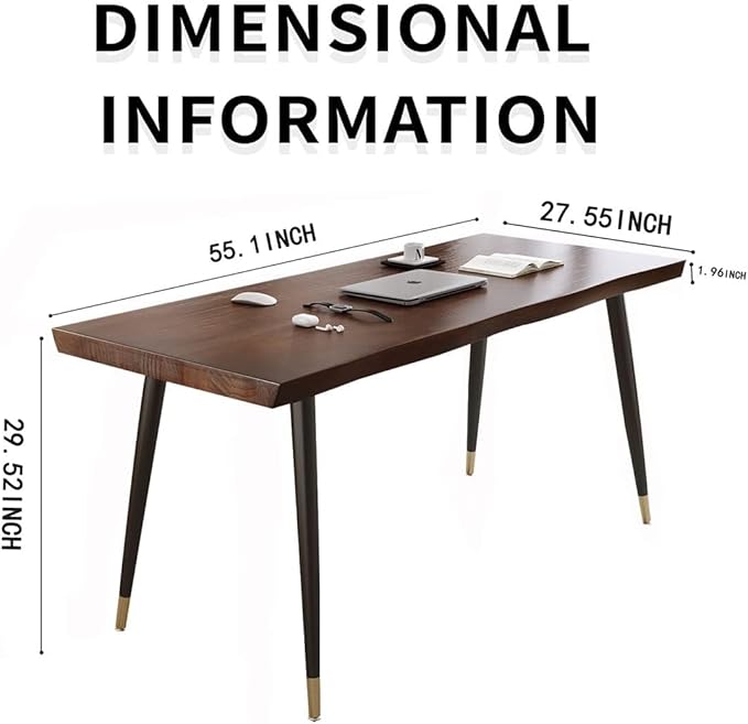 Modern Simple Style 55 Standing Desk Study Computer Desk - Black Metal Frame Solid Wood Planks for Home Office Bedroom