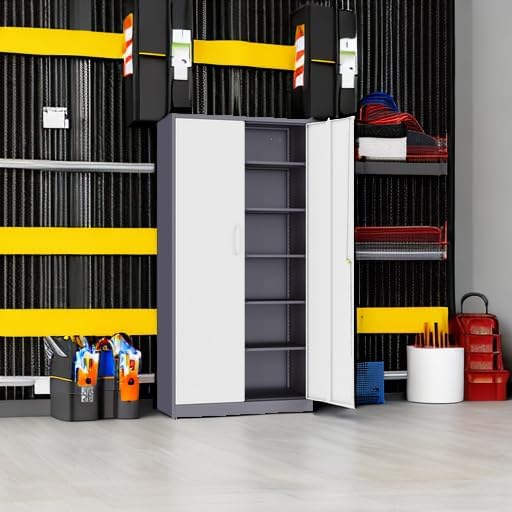 Metal Storage Cabinet with 2 Doors and 6 ShelvesGray White Metal Cabinet with Lock71 Lockable Garage Storage CabinetsLocking File CabinetSteel Tool Cabinets for HomeOfficeGarageShopSchool